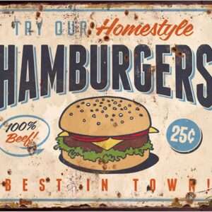 Metalen Retro Bord try our home style hamburgers